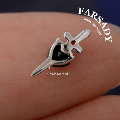 Obsidian Blade - Sterling Silver Push In Stud / Fits Cartilage Helix Tragus Lobe Earring  Nose Stud / Threadless Flat Back Piercing, Hypoallergenic Jewelry for Sensitive Skin