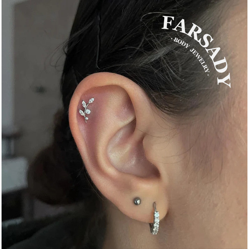 16G Titanium Flat Back Earrings for Women Conch/Helix/Foward Helix/Tragus/Hypoallergenic Piercing Jewelry Internal Thread Cartilage Stud Gold Silver CZ Branch Earrings