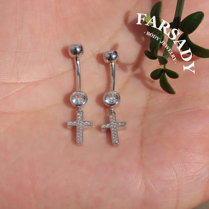 Cross Dew Pendant - 925 Silver Clear CZ Belly Button Ring / Fits 14G Navel Piercing