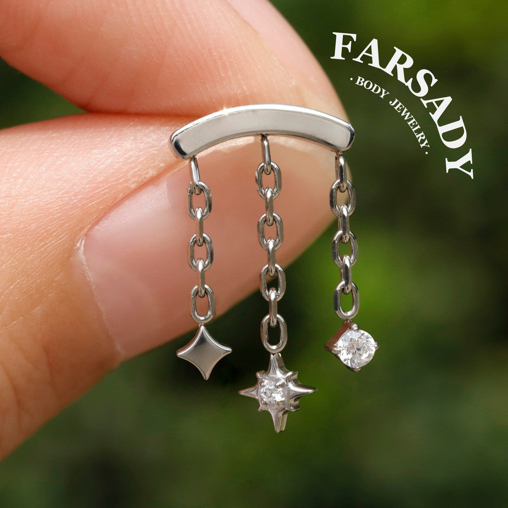 Stellar Trail - 316L Internally Threaded CZ Dangle Stud / Fits Cartilage Helix Tragus Lobe Piercing
