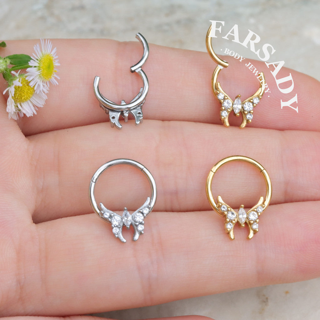 Fairy Wing - CZ Hinged Clicker Hoop / Fits 16G Septum Ring Helix Conch Cartilage Earring
