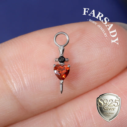 Crimson Blade Talisman - 925 Sterling Silver Red CZ Heart Dangle Charm / Interchangeable Hoop Earring Pendant for Helix Daith Cartilage Piercing