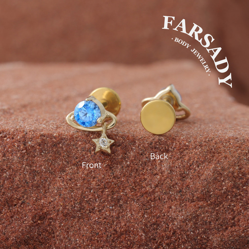 Aquamarine Planet - Solid 14K Gold Internally Threaded Stud / Fits Cartilage Helix Tragus Lobe Piercing