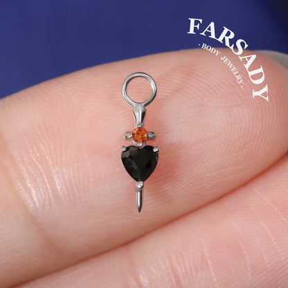 Obsidian Heart Dagger - 925 Sterling Silver Black CZ Heart Dangle Charm / Interchangeable Hoop Earring Pendant for Helix Daith Cartilage Piercing