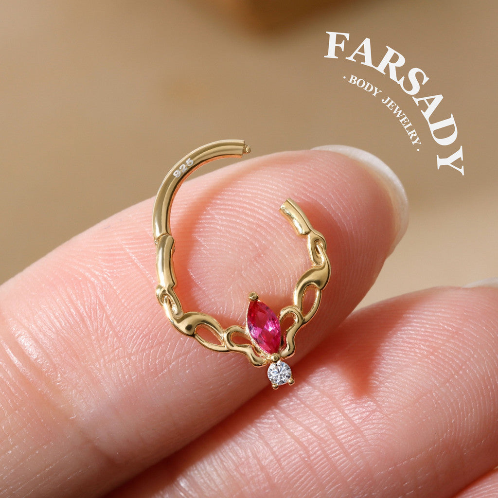 16G Sterling Silver Butterfly Hinged Daith Hoop Earring, Sterling Silver Daith Jewelry, Ruby Daith Hoop Earring, 8mm Cartilage Hoop, Gold Helix| Tragus Hoop