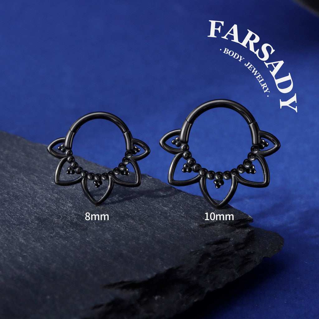 Gothic Black Steel Septum Ring 16G | Clicker Hoop for Nose or Daith Piercing | Flower Design | 1.2×8mm & 10mm | Unisex Jewelry