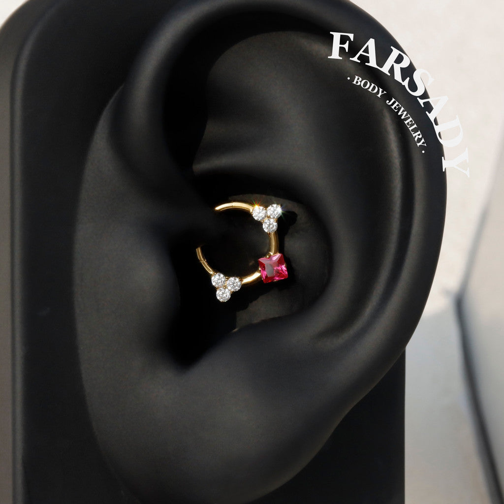 Titanium Septum Ring| 16G Hinged Septum Clicker| Pink Crystal Helix Earring| Silver Daith Piercing Jewelry| Shiny Septum Ring Daily