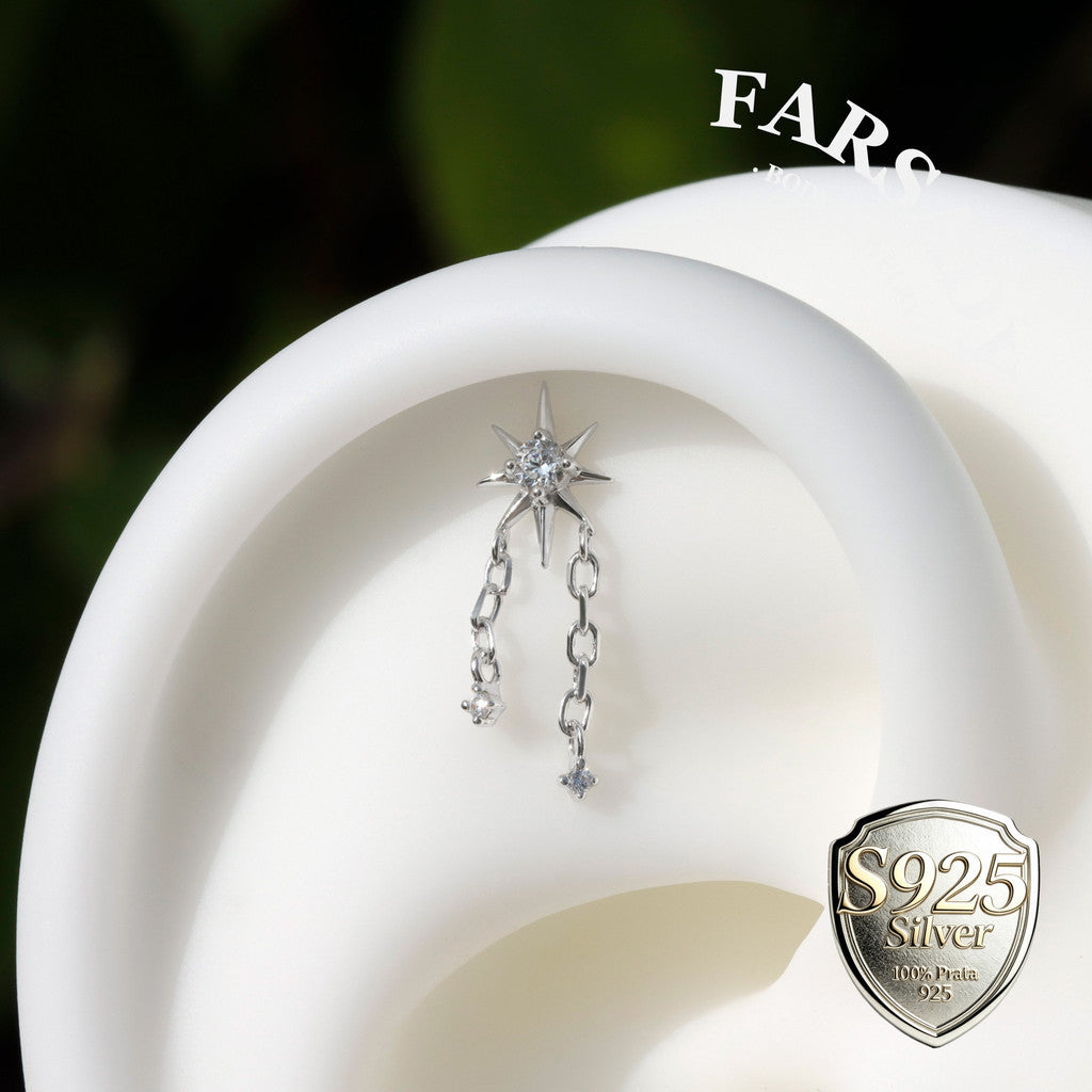 Sterling Silver Star Dangle Helix Earring • Threadless Push In Flat Piercing Jewelry •  S925 Tragus Conch Lobe Cartilage Jewelry • Titanium Back