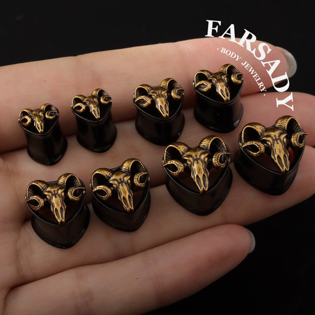 Handmade Ram Skull Ear Plugs Golden Black Acrylic Tunnels Gothic Animal Skull Gauges Unique Ear Stretching Jewelry 8mm 10mm 12mm 14mm Lobe Piercing Body Jewelry