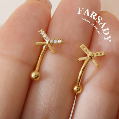 Cross Star Trace - 316L Clear CZ Curved Barbell / Fits 16G Rook Daith Earring Lip Eyebrow Cartilage Piercing