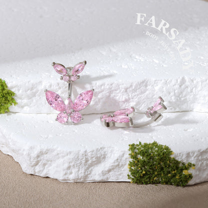 Twin Pink Butterfly Echo - 925 Silver Belly Button Ring / Fits 14G Navel Piercing