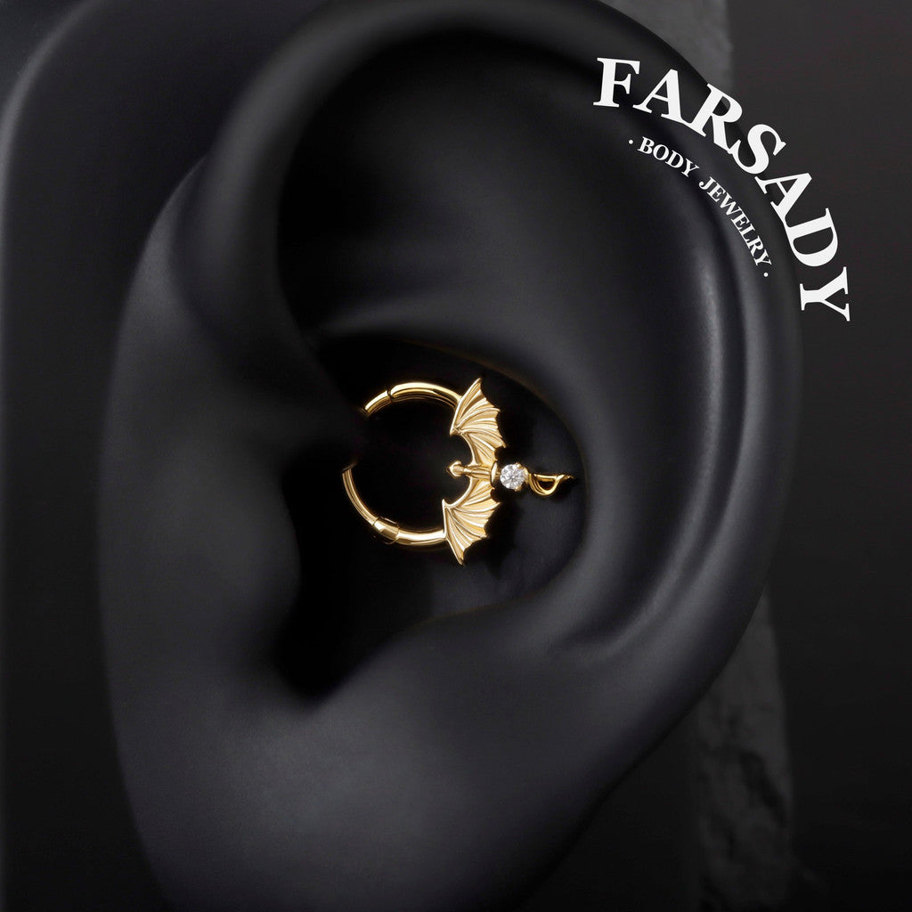 Winged Dagger - Dragon Wing CZ Hinged Clicker Hoop / Fits 16G Septum Ring Helix Conch Daith Earring