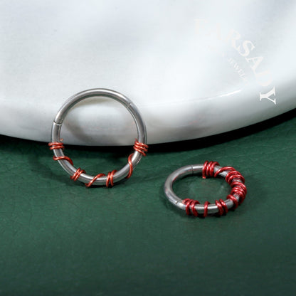 Scarlet Coil - Red Wire Spike Hinged Clicker Hoop / Fits 16G Septum Ring Helix Conch Cartilage Earring