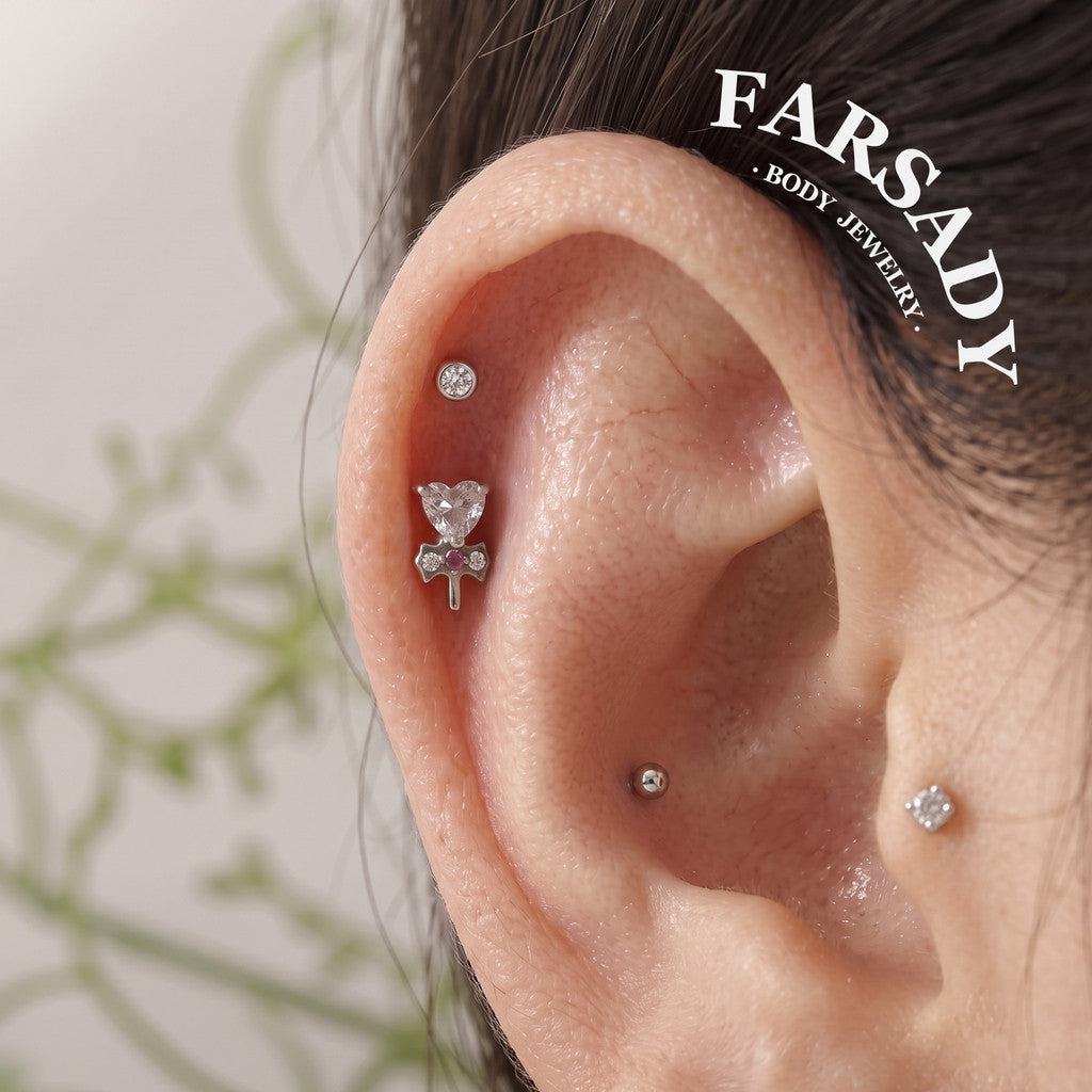 Heart Clover - F136 Titanium Internally Threaded Stud / Fits Cartilage Helix Tragus Lobe Nostril Piercing