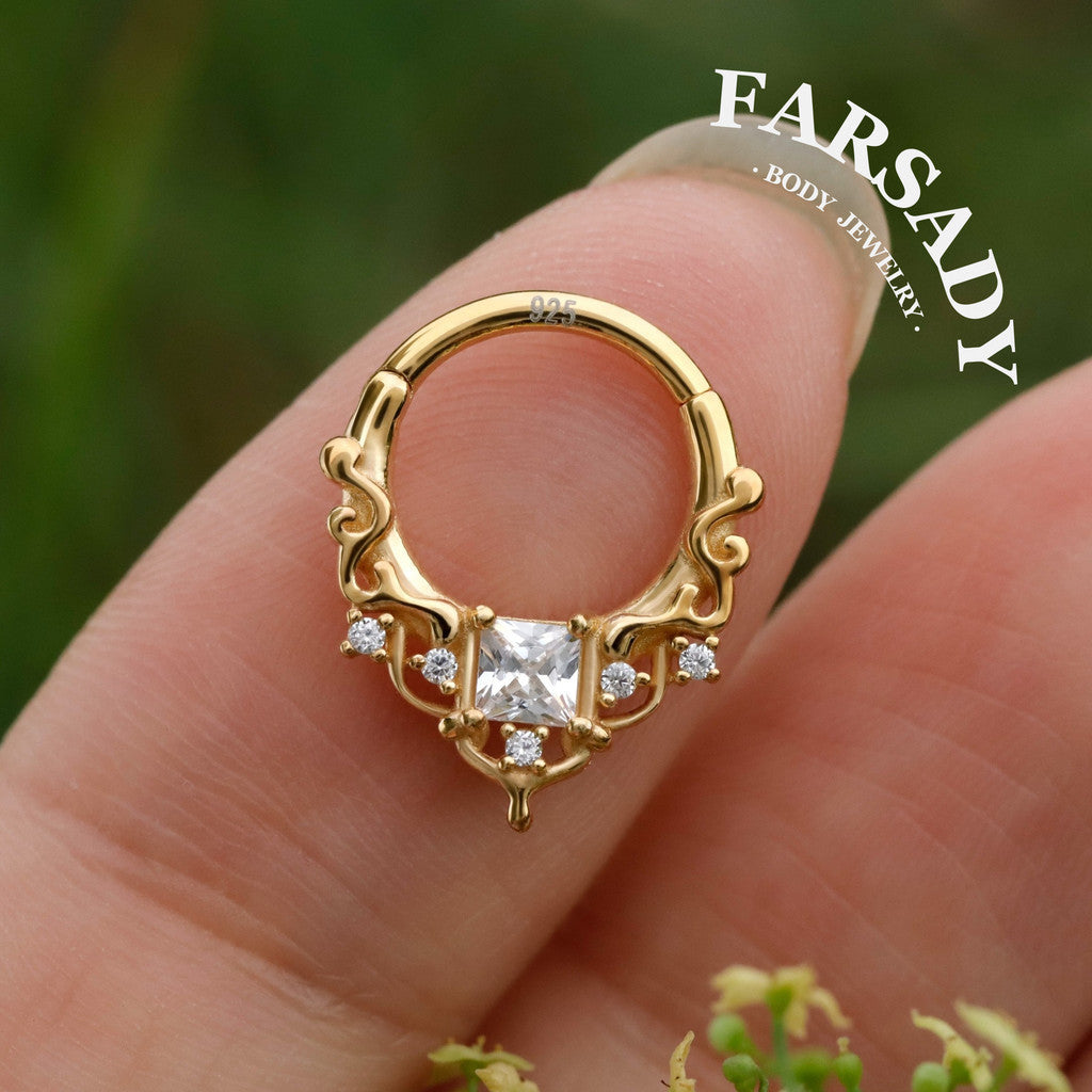 Byzantine Art Septum Ring Sterling Silver Plated 18k Gold/ 16G Hinged Septum Clicker/ 8mm Daith Hoop Earring/ Helix Tragus Piercing Jewelry