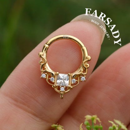 Byzantine Art Septum Ring Sterling Silver Plated 18k Gold/ 16G Hinged Septum Clicker/ 8mm Daith Hoop Earring/ Helix Tragus Piercing Jewelry