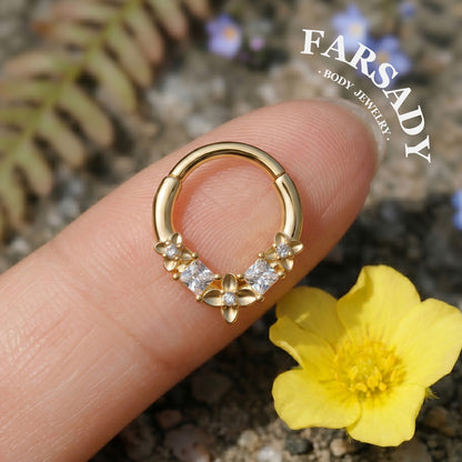 316L Flower Septum Clicker, White CZ Septum Nose Ring, 16G 8mm Daith Hoop Earring, Gold Septum Ring, Silver Helix/ Conch/ Tragus Ring