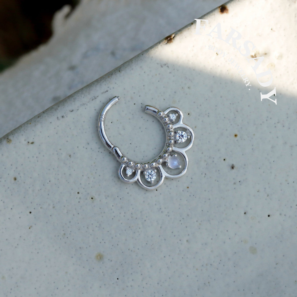 16G Sterling Silver Moonstone Flower Septum Ring, Moissanite Hinged Septum Clicker,925 Sterling Silver Plated 18k Gold,Gold Daith Earring Hoop,Helix Tragus Hoop