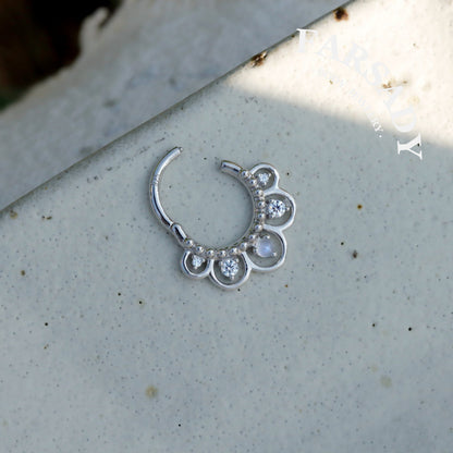 16G Sterling Silver Moonstone Flower Septum Ring, Moissanite Hinged Septum Clicker,925 Sterling Silver Plated 18k Gold,Gold Daith Earring Hoop,Helix Tragus Hoop