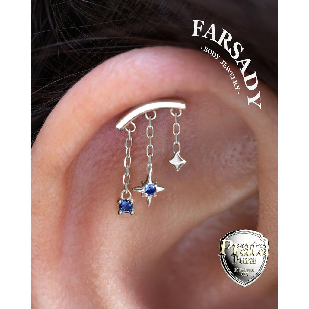 Solid 925 Sterling Silver Helix Chain Earring, 18K Gold Plated Blue CZ Star Dangle, Threadless Push In Hidden Rook Stud Piercing Jewelry