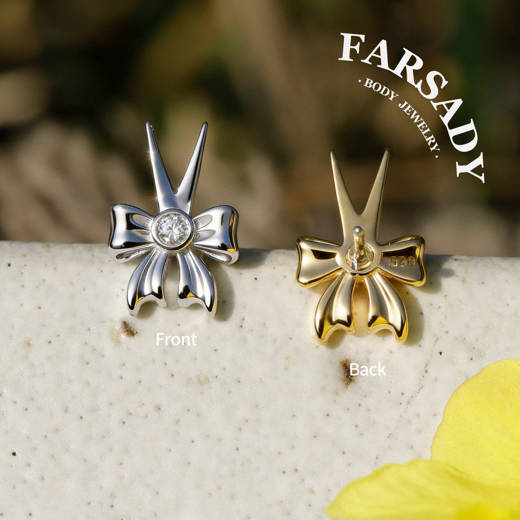 Rebel Ribbon Threadless Push In Tragus Stud, Sterling Silver Cartilage Stud, Flat Back Titanium Post, Design Flower Helix/ Lobe/ Lip Earring
