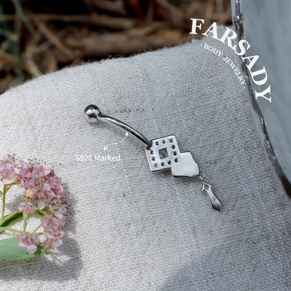 14G Belly Button Ring – 925 Silver 18K Gold Plated| Clear CZ Amulet Belly Ring Dangle Bar| Hypoallergenic Navel Piercing Jewelry| Waterproof