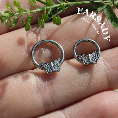 Etch Butterfly - ASTM F136 Titanium Hinged Clicker Hoop / Fits 16G Septum Ring Helix Conch Cartilage Earring