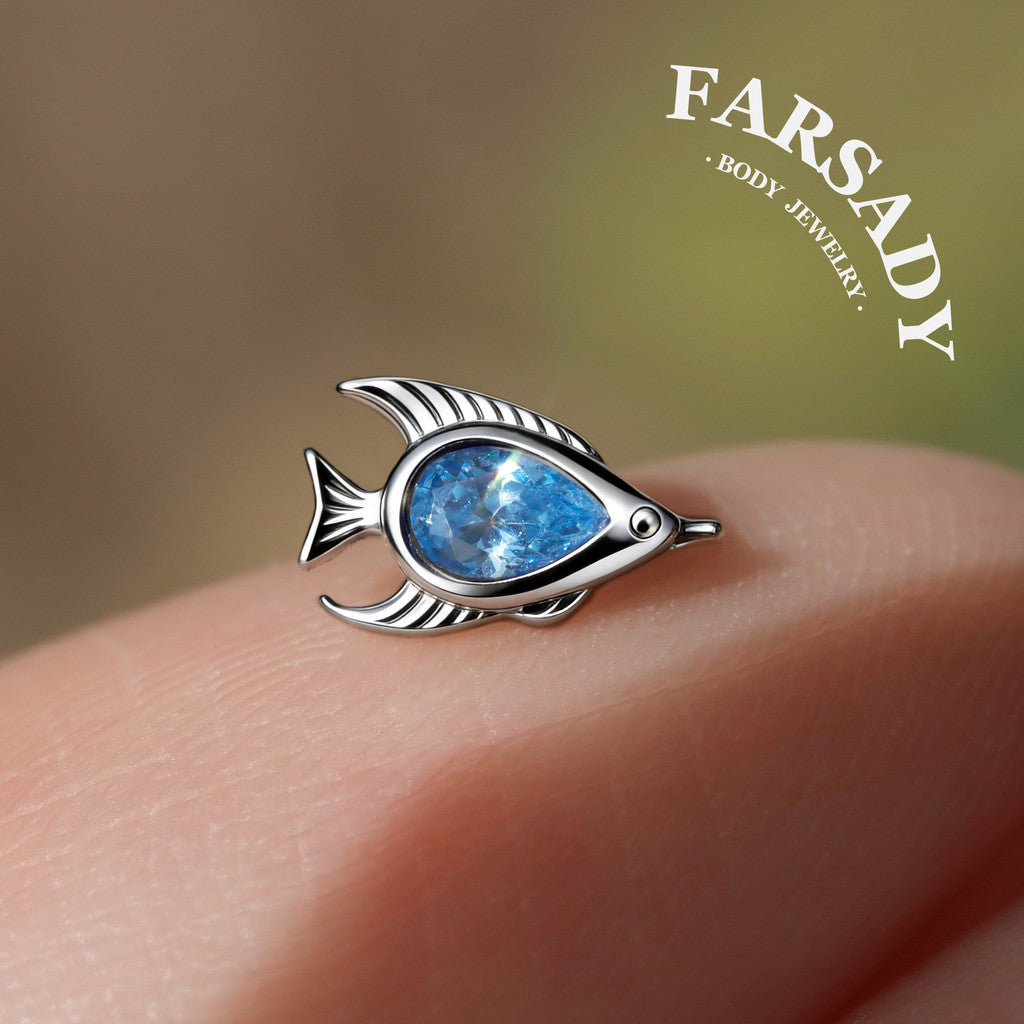 Azure Fish - 925 Silver Threadless Stud / Fits Cartilage Helix Tragus Lobe Nostril Piercing