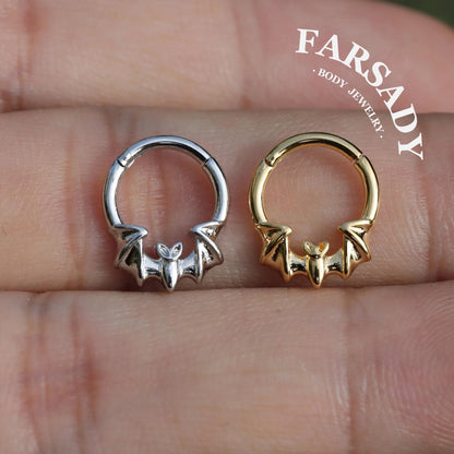 16G Bat Septum Ring Hinged Daith Earring Shine Nostril Clicker Nose Hoop Silver Gold Black Colors Daily Wear Piercing Jewelry Individually Packaged Gift for Her