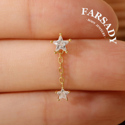 Sterling Silver Dangle Star Cartilage Earring Threadless Push In, S925 Helix Stud, Flat Back Lobe, Tragus Piercing Jewelry