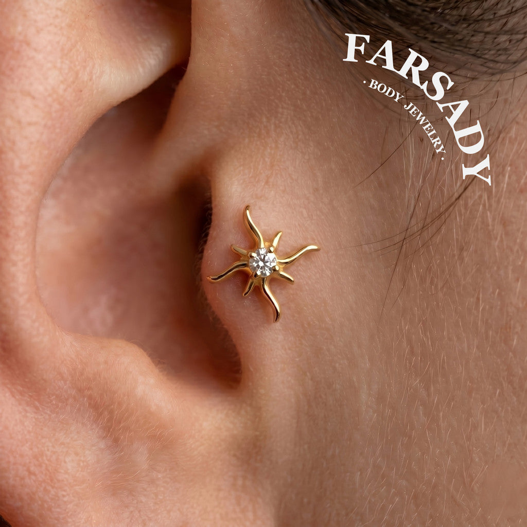 Sterling Silver Mini Sun Threadless Push In Tragus Stud,  S925 Cartilage Stud, Flat Back Titanium Post, Design Flower Helix/ Lobe/ Lip Earring