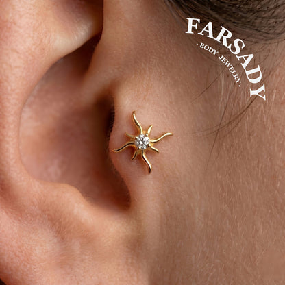 Sterling Silver Mini Sun Threadless Push In Tragus Stud,  S925 Cartilage Stud, Flat Back Titanium Post, Design Flower Helix/ Lobe/ Lip Earring
