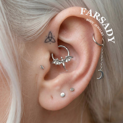 Flying Dragon - 316L Hinged Clicker Hoop / Fits 16G Septum Ring Helix Conch Cartilage Earring