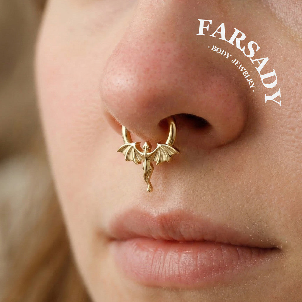 Flying Dragon - 316L Hinged Clicker Hoop / Fits 16G Septum Ring Helix Conch Cartilage Earring