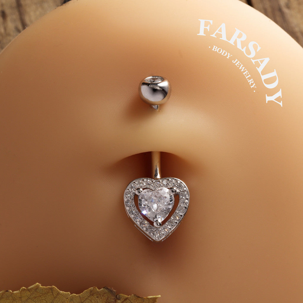 Embrace Heart - 925 Silver Clear CZ Belly Button Ring / Fits 14G Navel Piercing