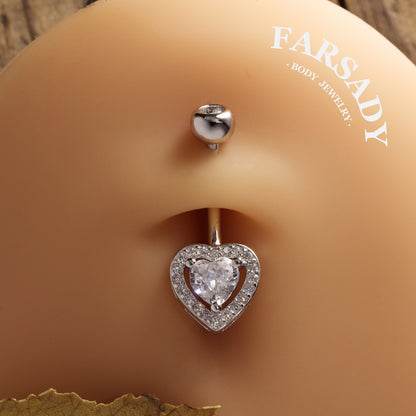 Embrace Heart - 925 Silver Clear CZ Belly Button Ring / Fits 14G Navel Piercing