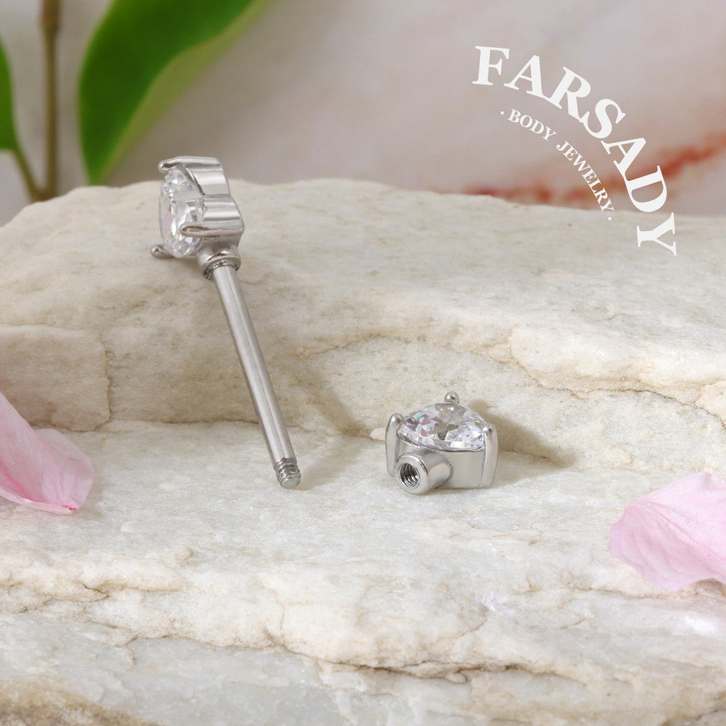 Prong Heart Crystal - 2PCS Clear CZ Straight Barbell / Fits 16G Chest Piercing Nose Bridge