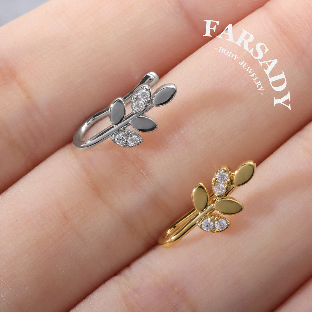 Silver Leaf Sprig - 925 Silver Fake Nose Ring / Fit Non-Pierced Nose Ring