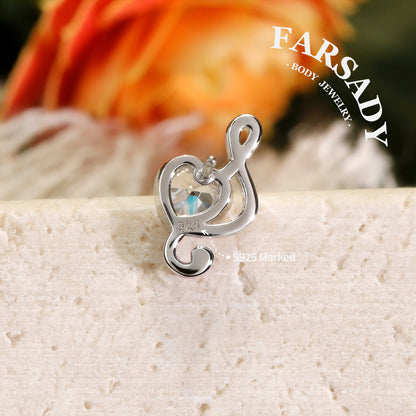 Melody Heart - 925 Silver Threadless Stud / Fits Cartilage Helix Tragus Lobe Nostril Piercing