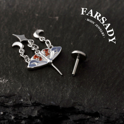 Crimson Moth - 925 Silver Threadless Stud / Fits Vertical Helix Hidden Rook Earring