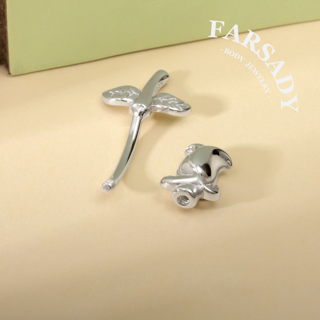 Tulip Bud Stem - 925 Silver Pink CZ Belly Button Ring / Fits 14G Navel Piercing