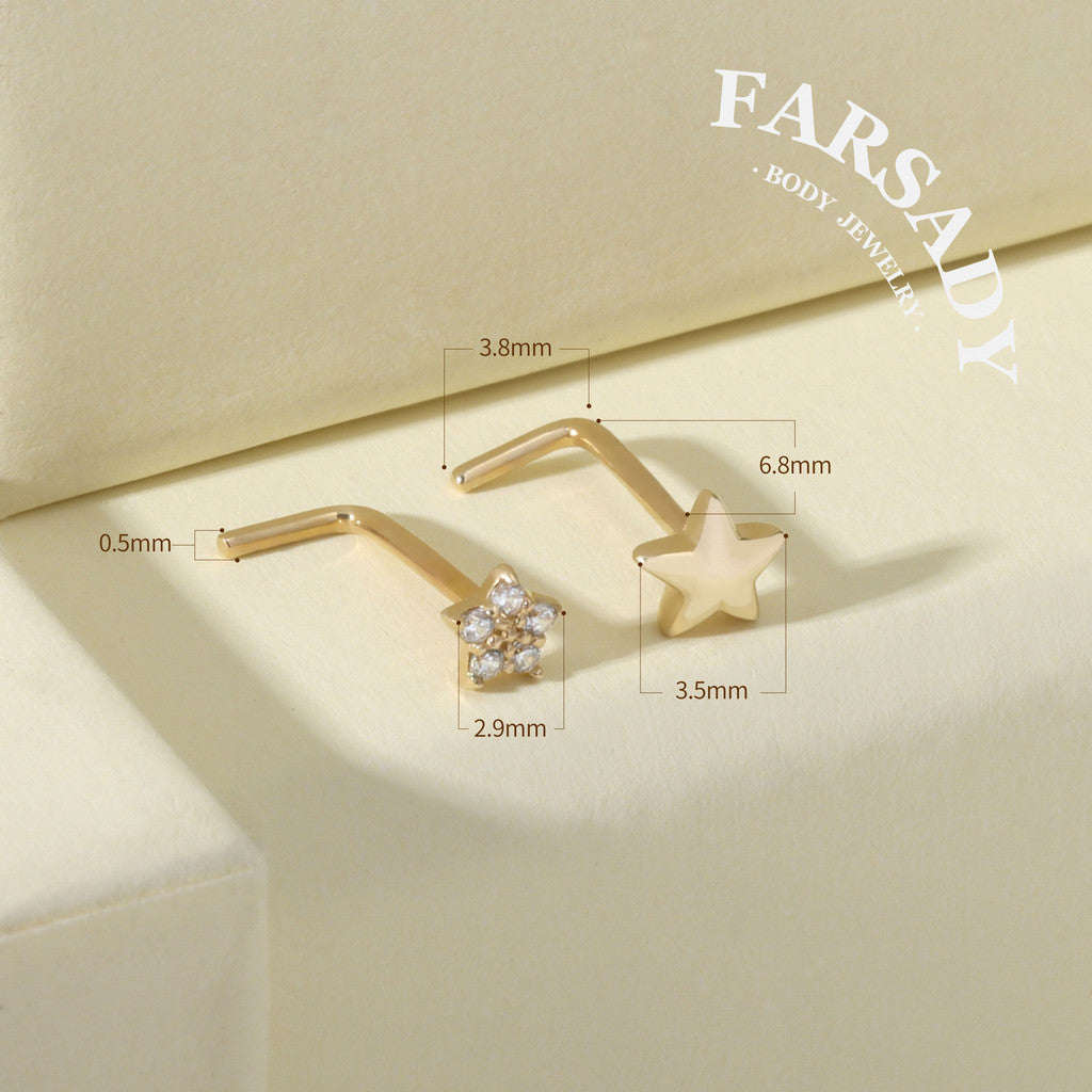 Minimal Star - Solid 14K Gold L-Shape Stud / Fit 20G Nostril Piercing