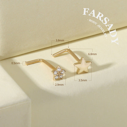 Minimal Star - Solid 14K Gold L-Shape Stud / Fit 20G Nostril Piercing