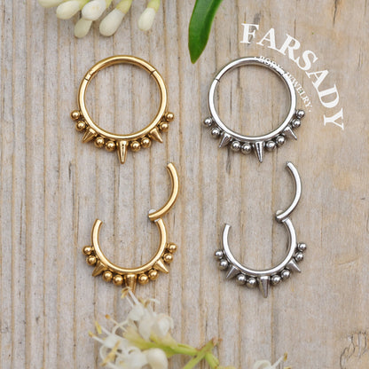 16G Titanium Spike Septum Ring, 8mm 10mm Silver Helix Hoop Earring, Gold Conch Ring Clicker, Hinged Earrings, Gothic Piercing Jewelry