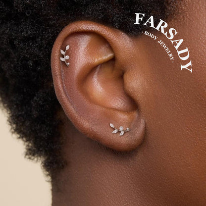 16G Titanium Flat Back Earrings for Women Conch/Helix/Foward Helix/Tragus/Hypoallergenic Piercing Jewelry Internal Thread Cartilage Stud Gold Silver CZ Branch Earrings