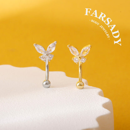 16G Butterfly Curved Barbell, Silver CZ 8mm Bar Eyebrow Piercings Barbell, Elegant CZ Rook Earring, 8mm Cute Rook Barbell Piercing