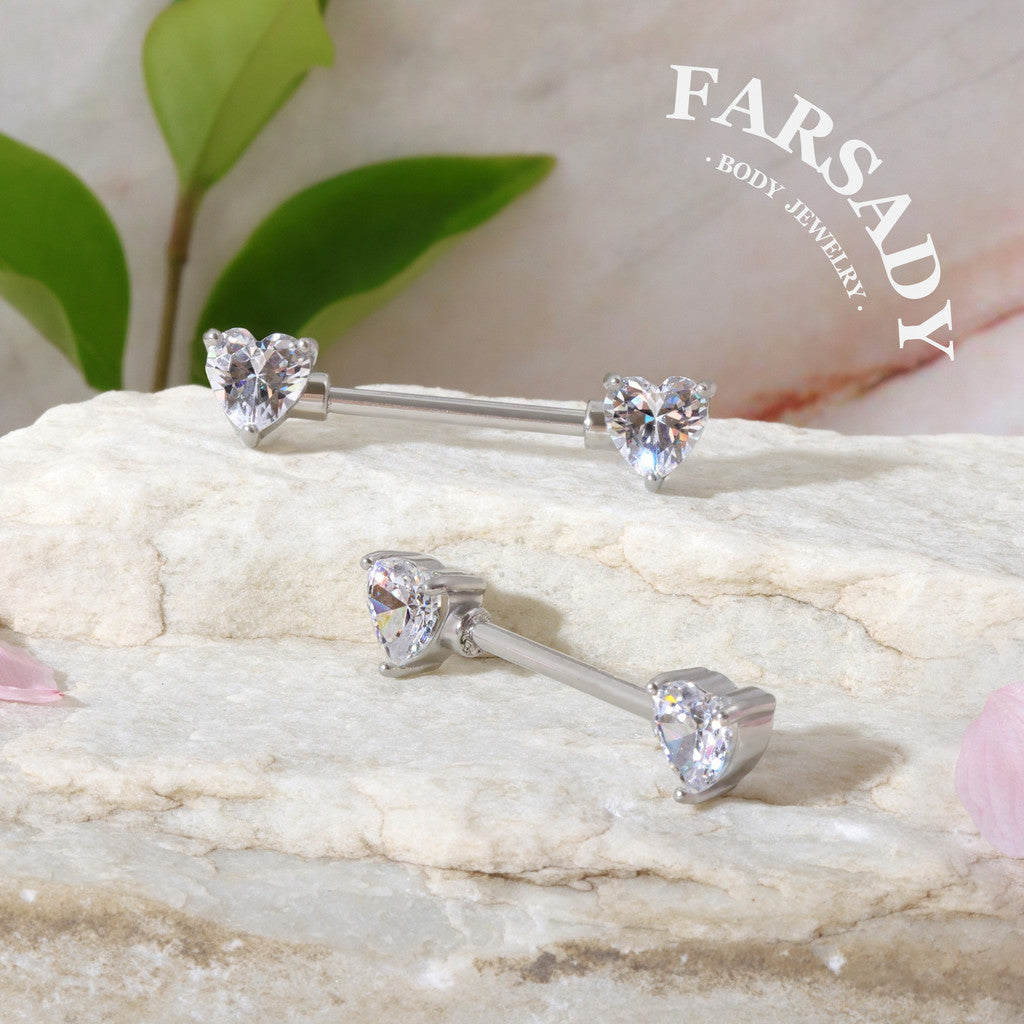 Prong Heart Crystal - 2PCS Clear CZ Straight Barbell / Fits 16G Chest Piercing Nose Bridge