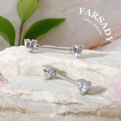 Prong Heart Crystal - 2PCS Clear CZ Straight Barbell / Fits 16G Chest Piercing Nose Bridge