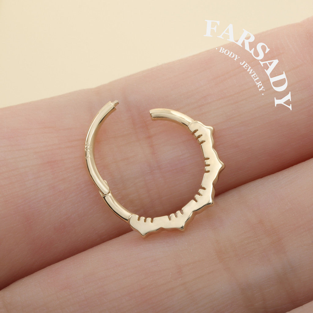 Floral Edge - Solid 14K Gold Hinged Clicker Hoop / Fits 16G Septum Ring Helix Conch Cartilage Earring