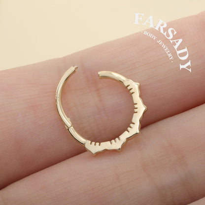 Floral Edge - Solid 14K Gold Hinged Clicker Hoop / Fits 16G Septum Ring Helix Conch Cartilage Earring